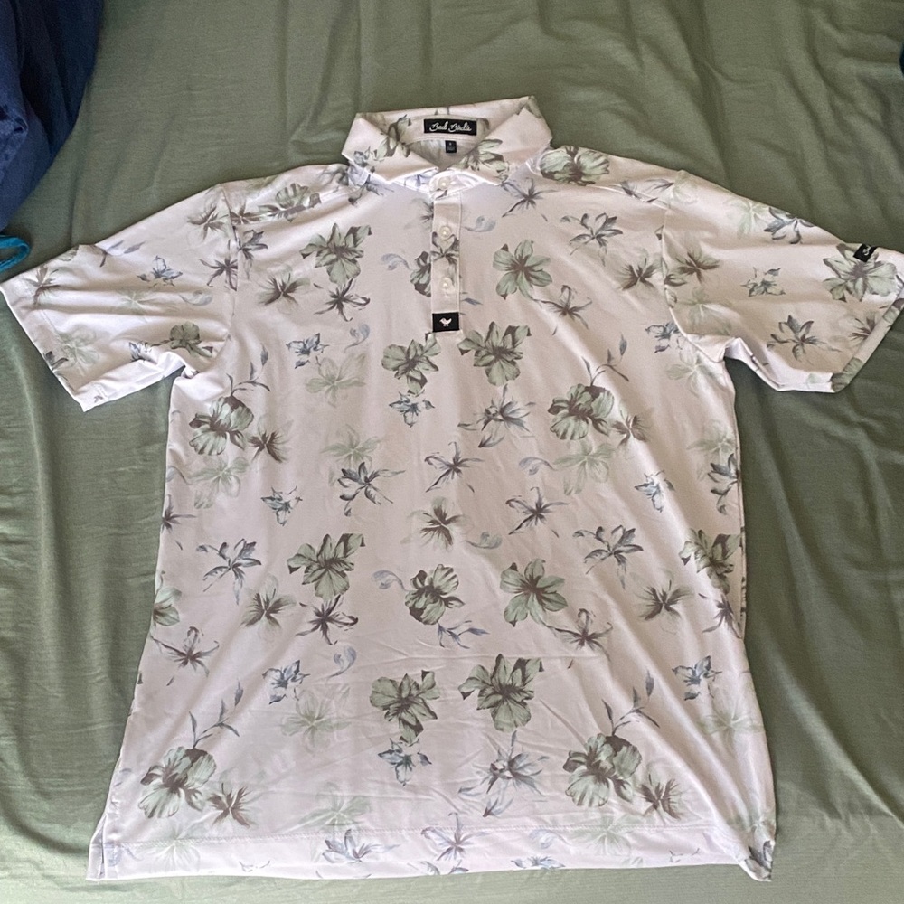 Bad Birdie White and Green Floral Polo Shirt